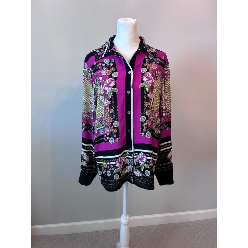 Joseph Ribkoff Floral Scarf Print Button Down Blouse Magenta Black White Size 6